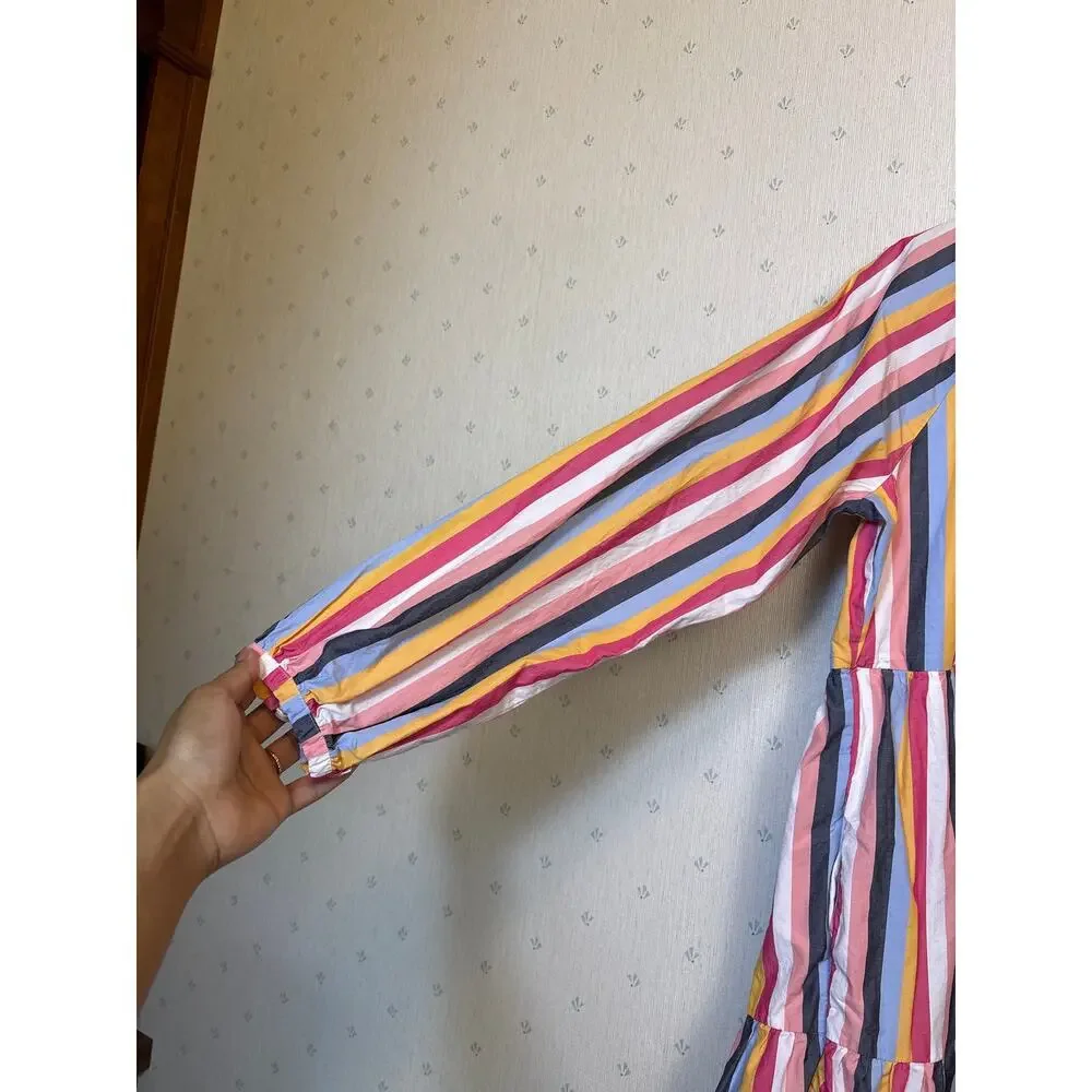 J Crew Tiered Popover Poplin Dress Medium Cotton Multicolor 100% Cotton Pockets